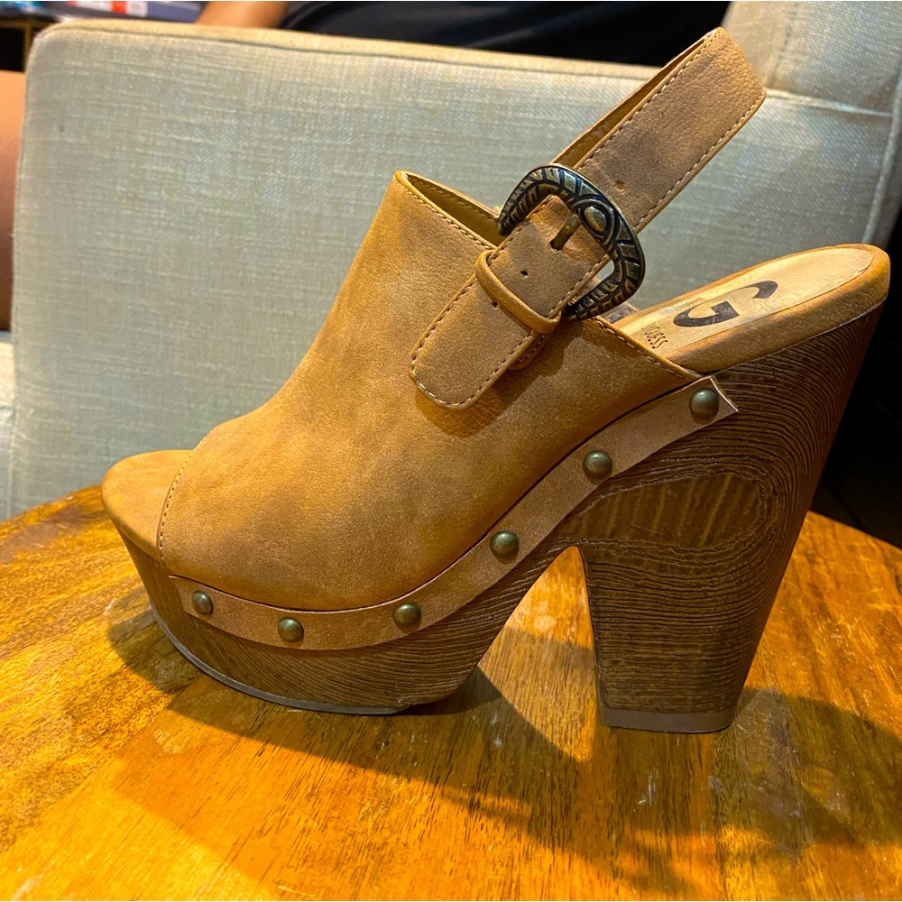 G by Guess suede mules platform heels